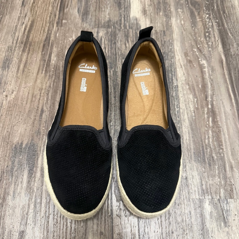 Clarks Women's Black Suede Soft Cushion Espadrille Slip-On Loafers Size 6.5W